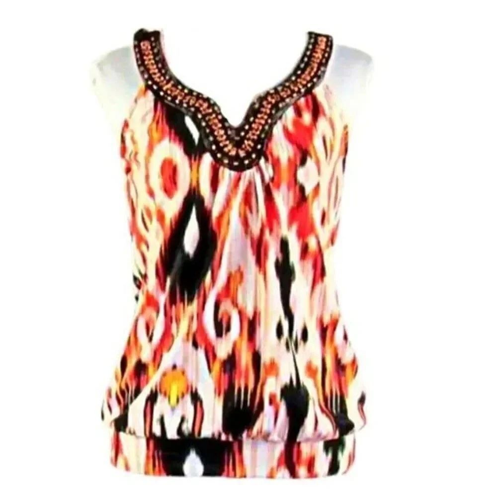 Top Sleeveless Beaded T-Neck Banded Hem Pullover Orange Brown Black Size Med P